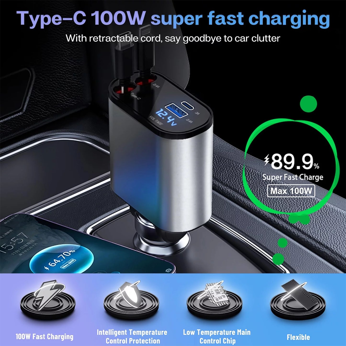 4 in 1 Retractable Car Charger, 100W Fast Car Phone Charger with Iphone and Type C Cable and 2 Charging Ports Car Charger Adapter